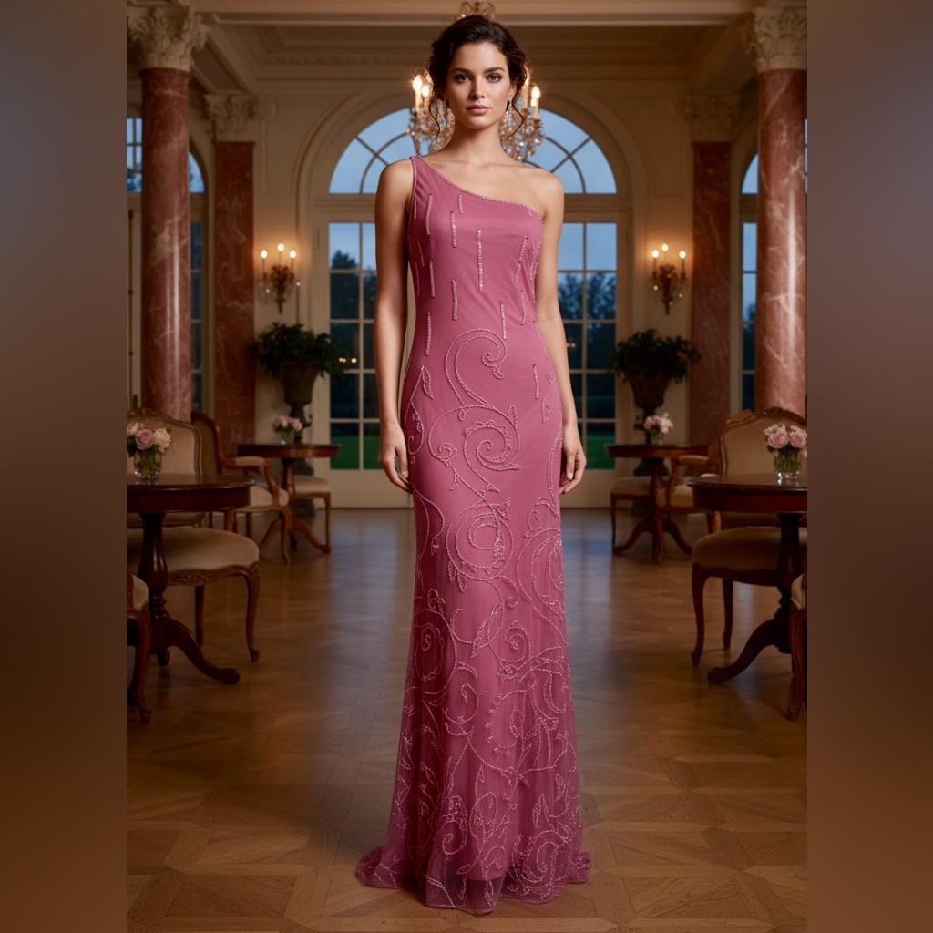 Elegant One-Shoulder Hand Beaded Attitudes By Debra Pink Evening Dress